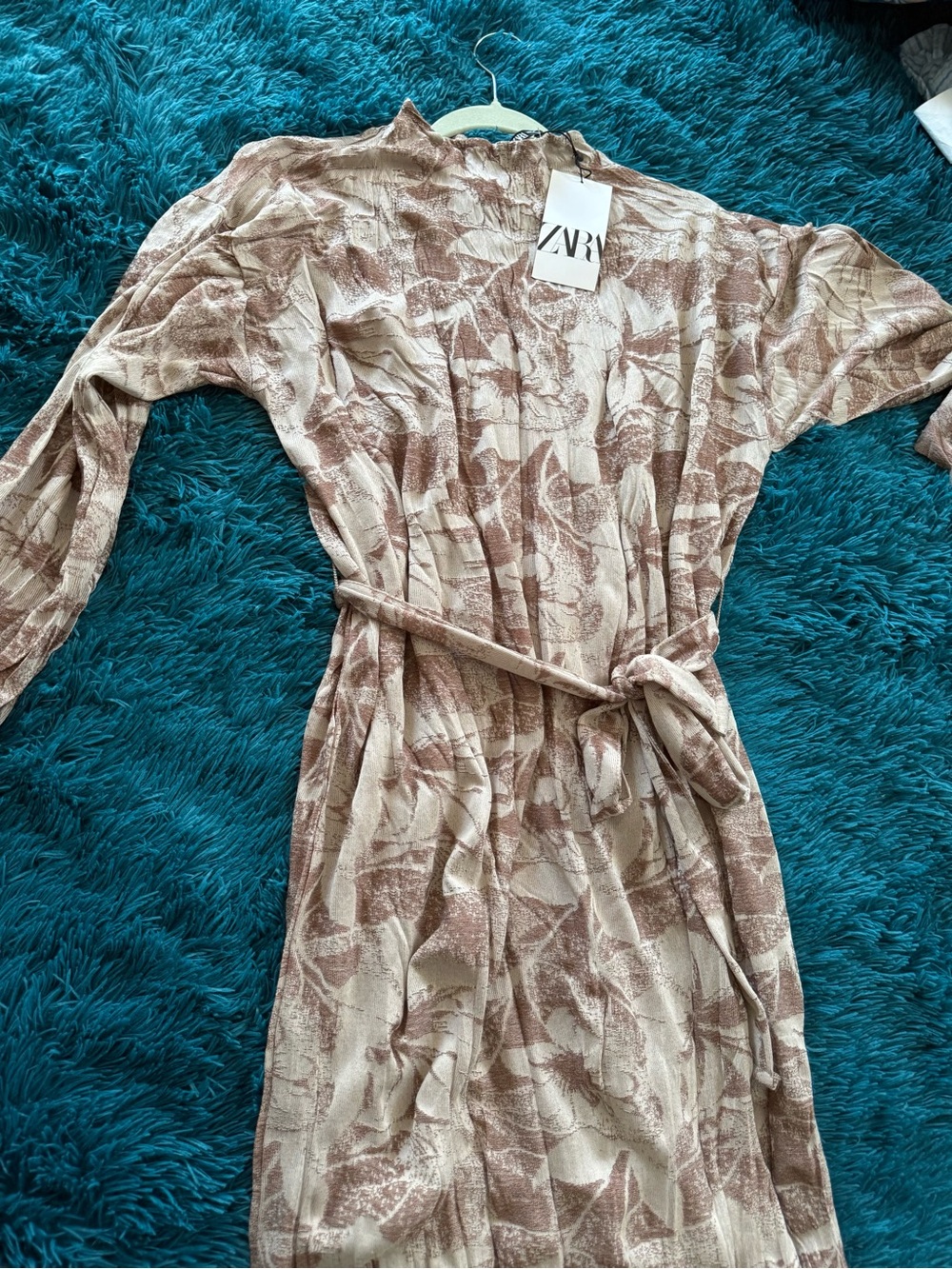 🍂ZARA Beige & Brown Printed Long Sleeve Tie-Waist Dress